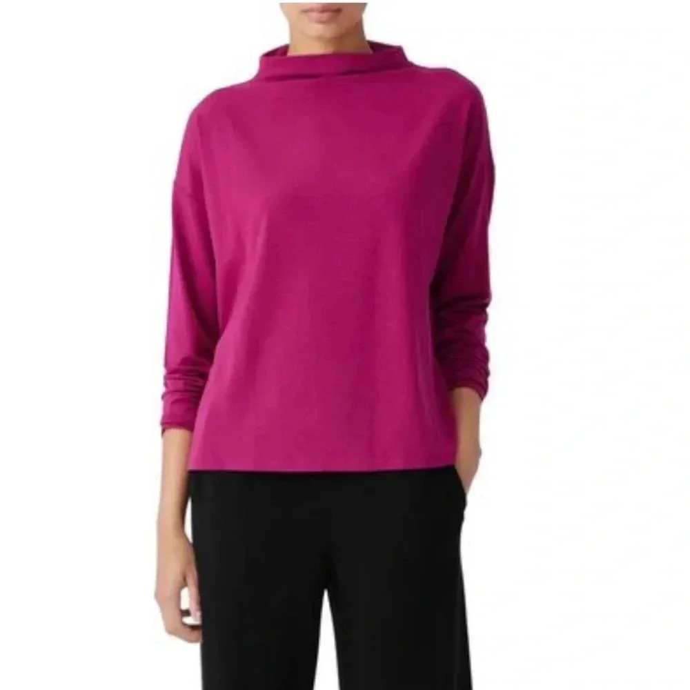 NEW Eileen Fisher Funnel Neck Long Sleeve Boxy Top in Magenta Fuchsia Size Large